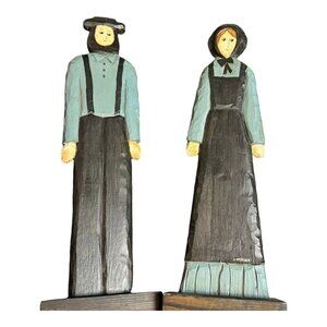 Signed Hand Made & Painted Wood Male & Female Amish Mennonite Folk Art Figures